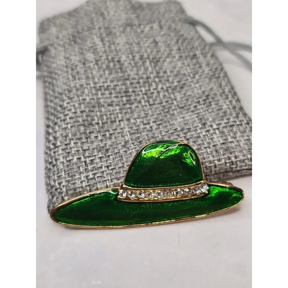 Painted Enamel Embellished Green Hat Brooch